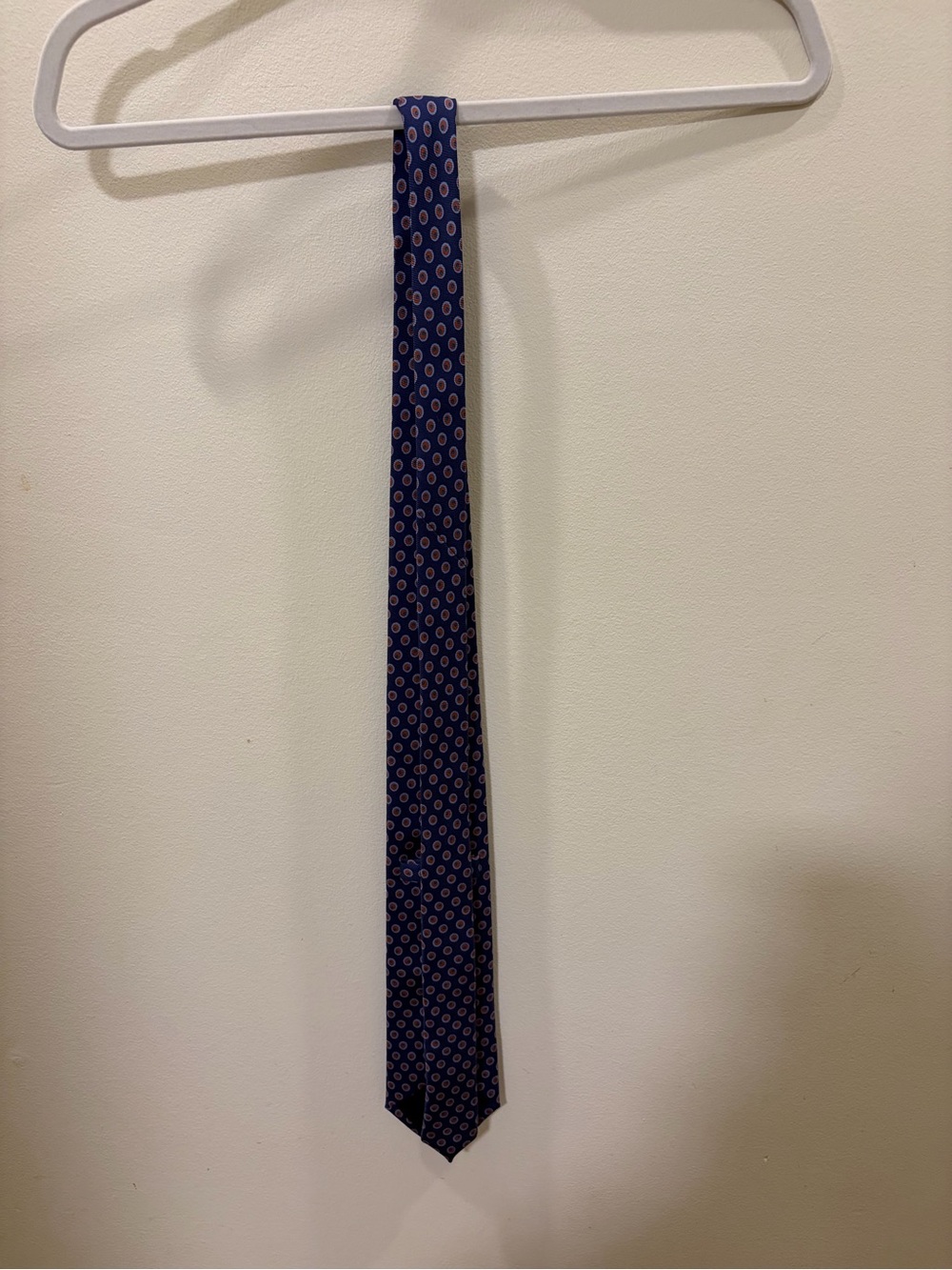 Drakes Navy Blue Silk Tie with orange and Light Blue Medallions - Picture 5 of 10